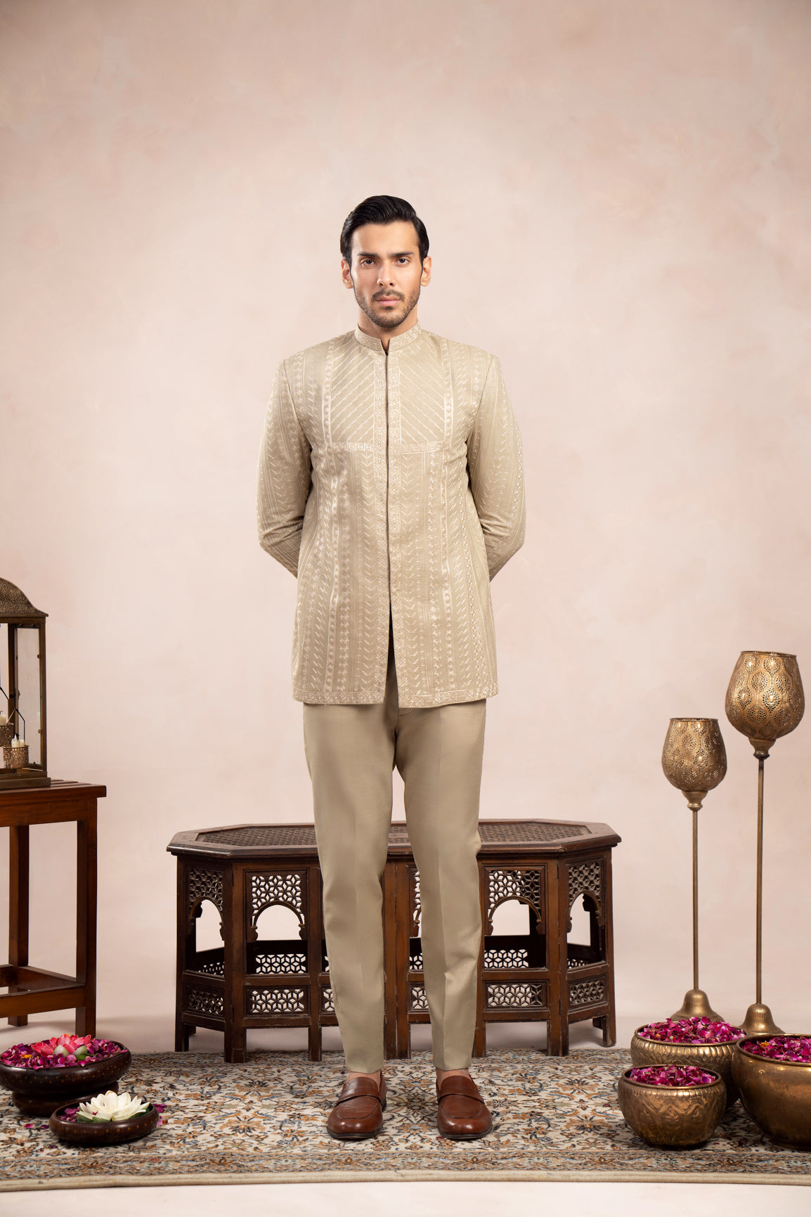 Mint Embroidered Raw Silk Prince Coat (2-Piece) - Image 3