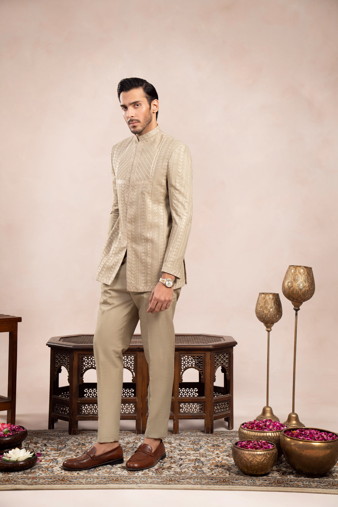 Mint Embroidered Raw Silk Prince Coat (2-Piece) - Image 4