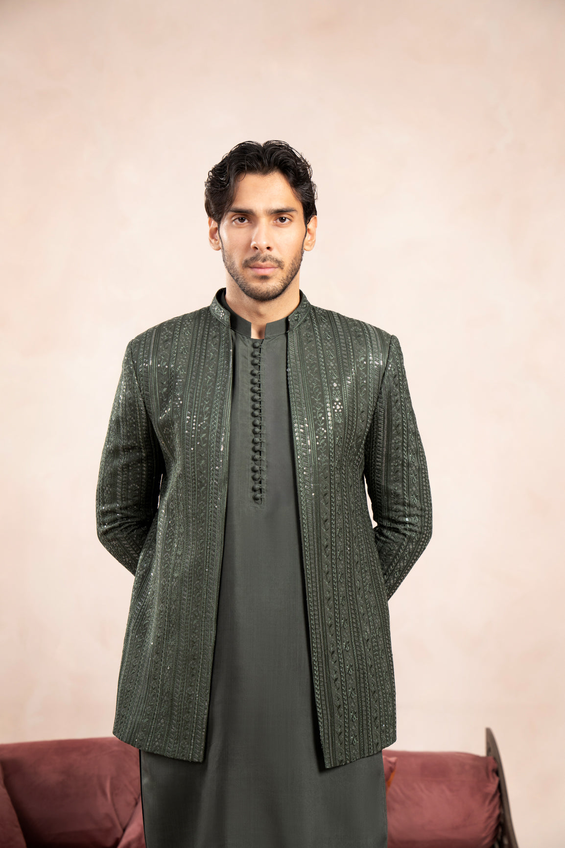 Olive Green Embroidered Raw Silk Prince Coat (1-Pc) - Image 3