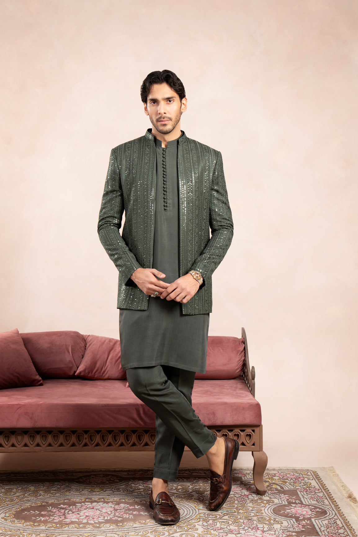 Olive Green Embroidered Raw Silk Prince Coat (1-Pc) - Image 4