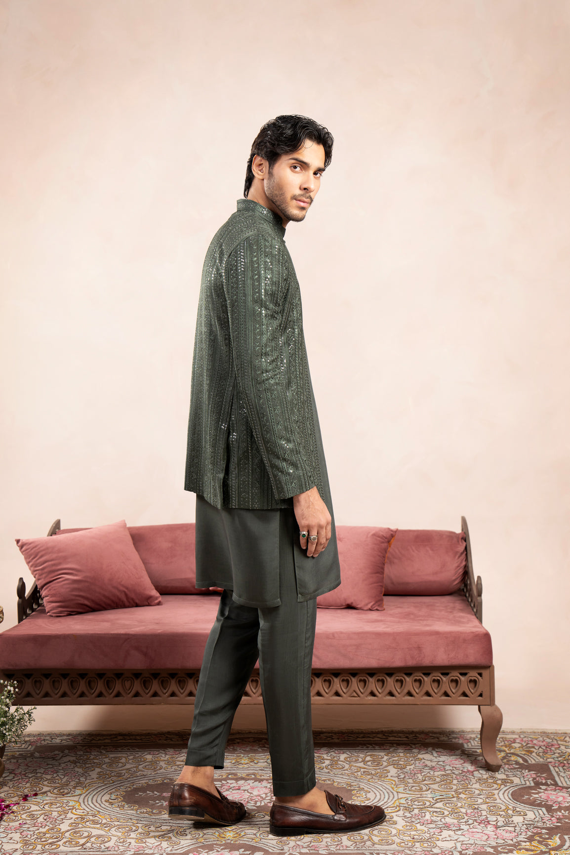 Olive Green Embroidered Raw Silk Prince Coat (1-Pc) - Image 5