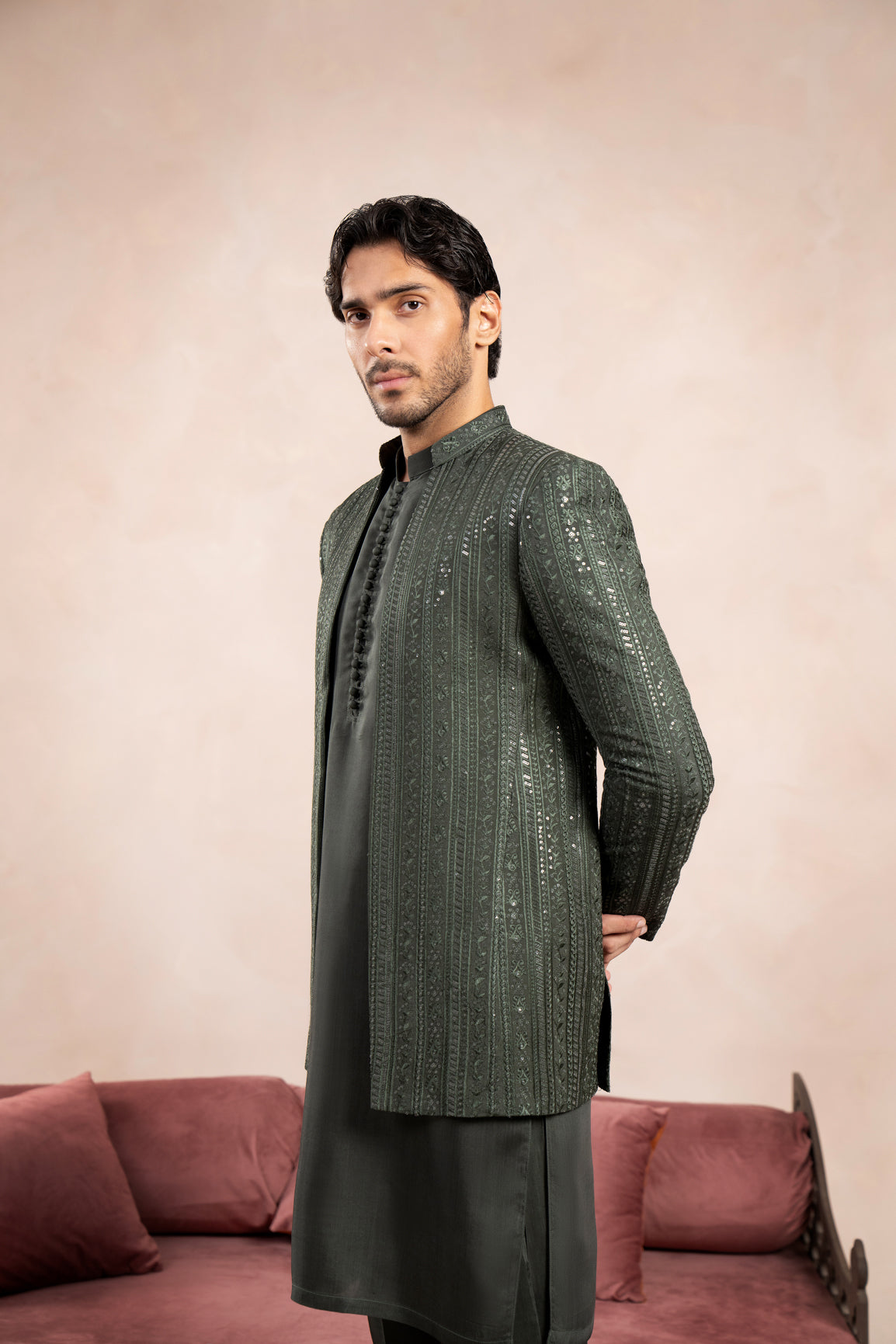 Olive Green Embroidered Raw Silk Prince Coat (1-Pc) - Image 6