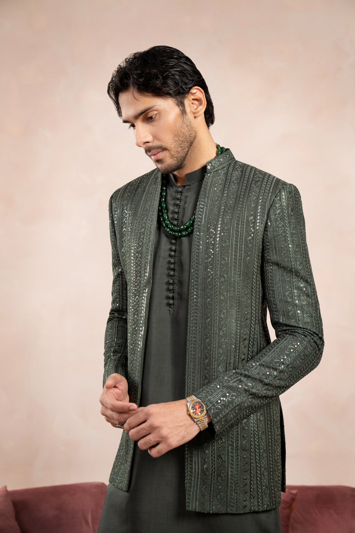 Olive Green Embroidered Raw Silk Prince Coat (1-Pc) - Image 8
