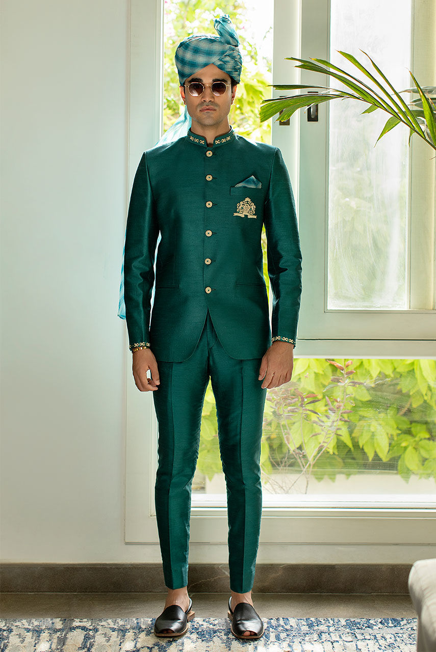 Emerald Green Hand Embroidered Raw Silk Prince Coat (2-Piece) - Image 1