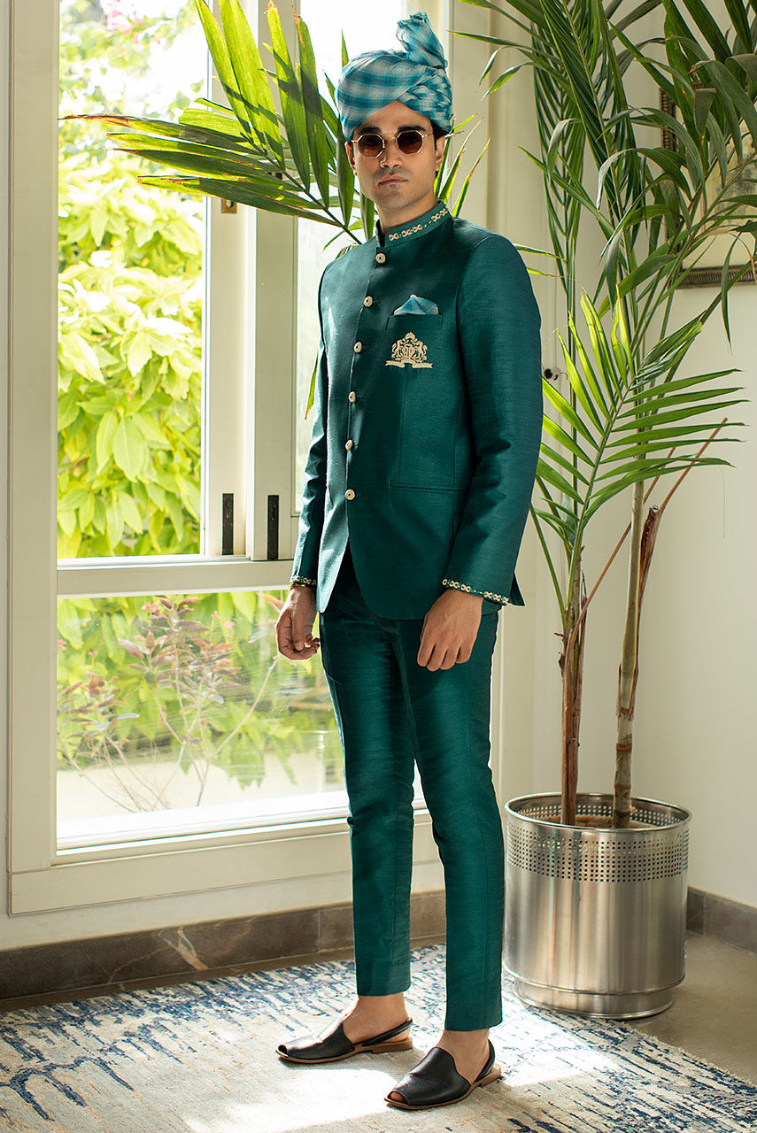 Emerald Green Hand Embroidered Raw Silk Prince Coat (2-Piece) - Image 3