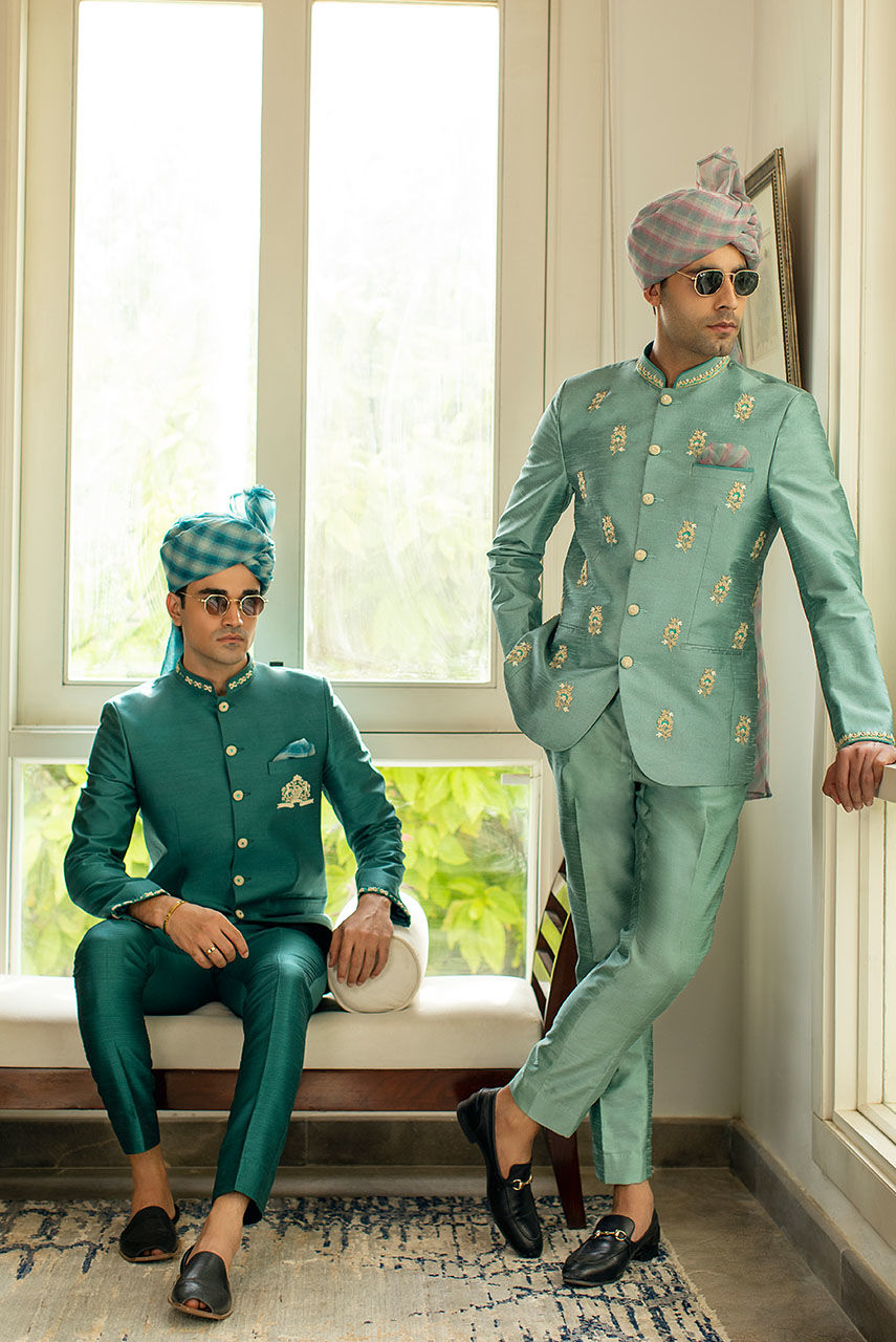 Emerald Green Hand Embroidered Raw Silk Prince Coat (2-Piece) - Image 5