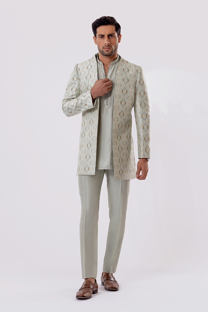 Mint Green Embroidered Raw Silk Prince Coat (3-Piece) - Image 2