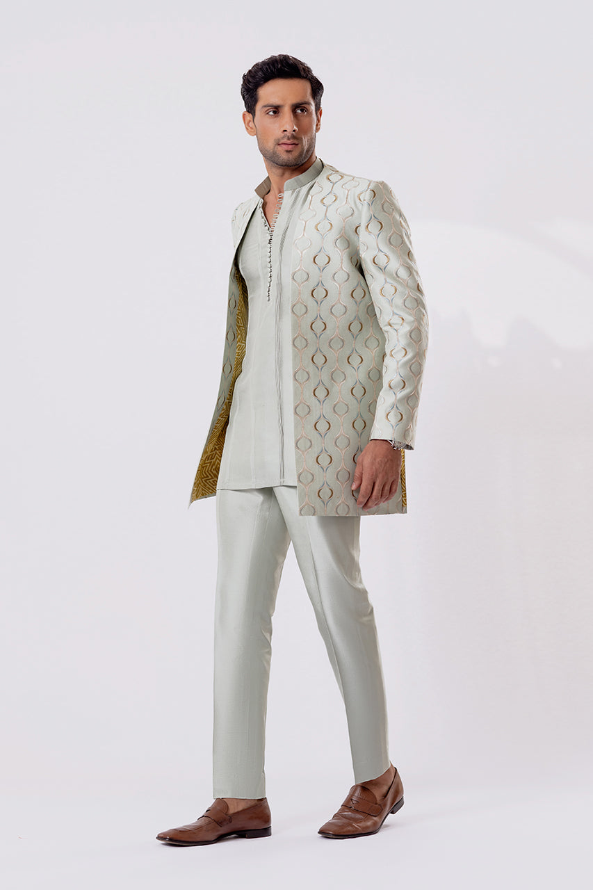 Mint Green Embroidered Raw Silk Prince Coat (3-Piece) - Image 3