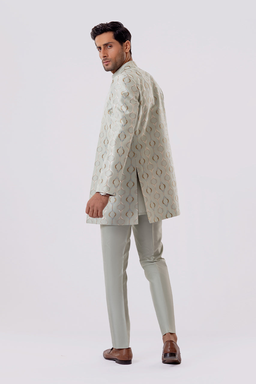 Mint Green Embroidered Raw Silk Prince Coat (3-Piece) - Image 4