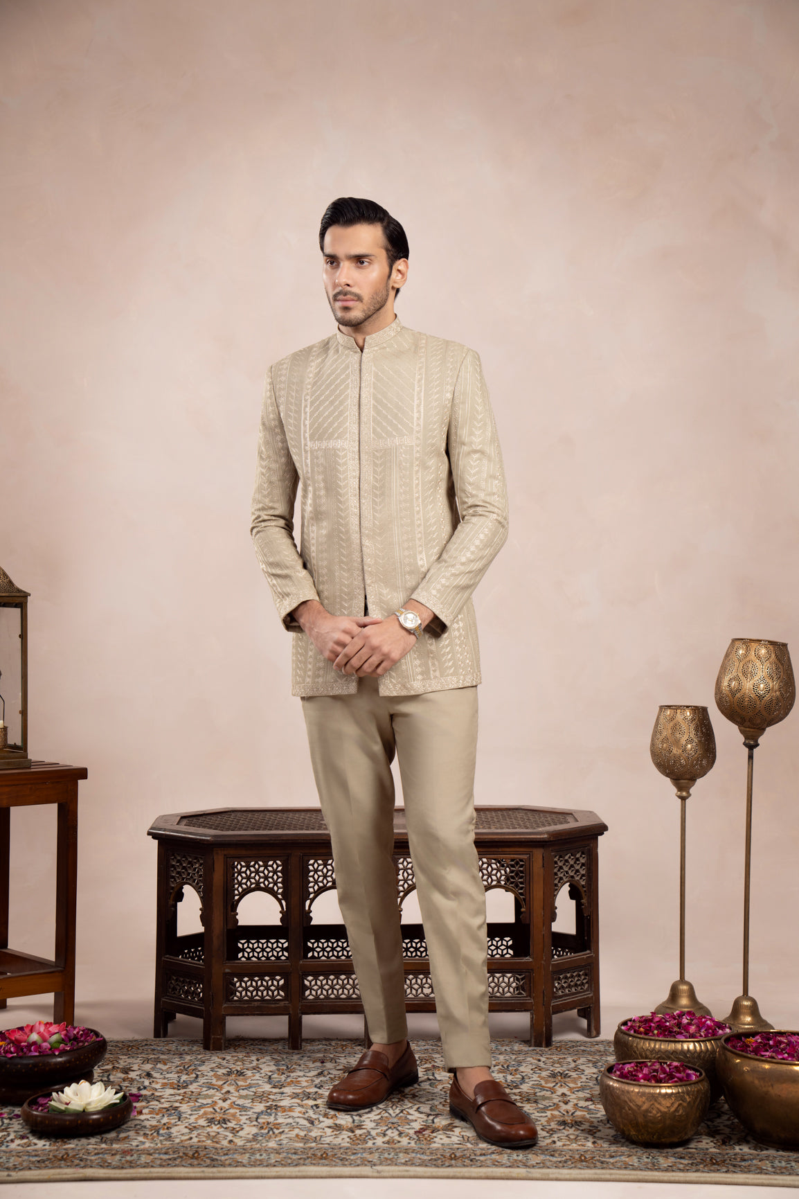 Mint Embroidered Raw Silk Prince Coat (2-Piece) - Image 1