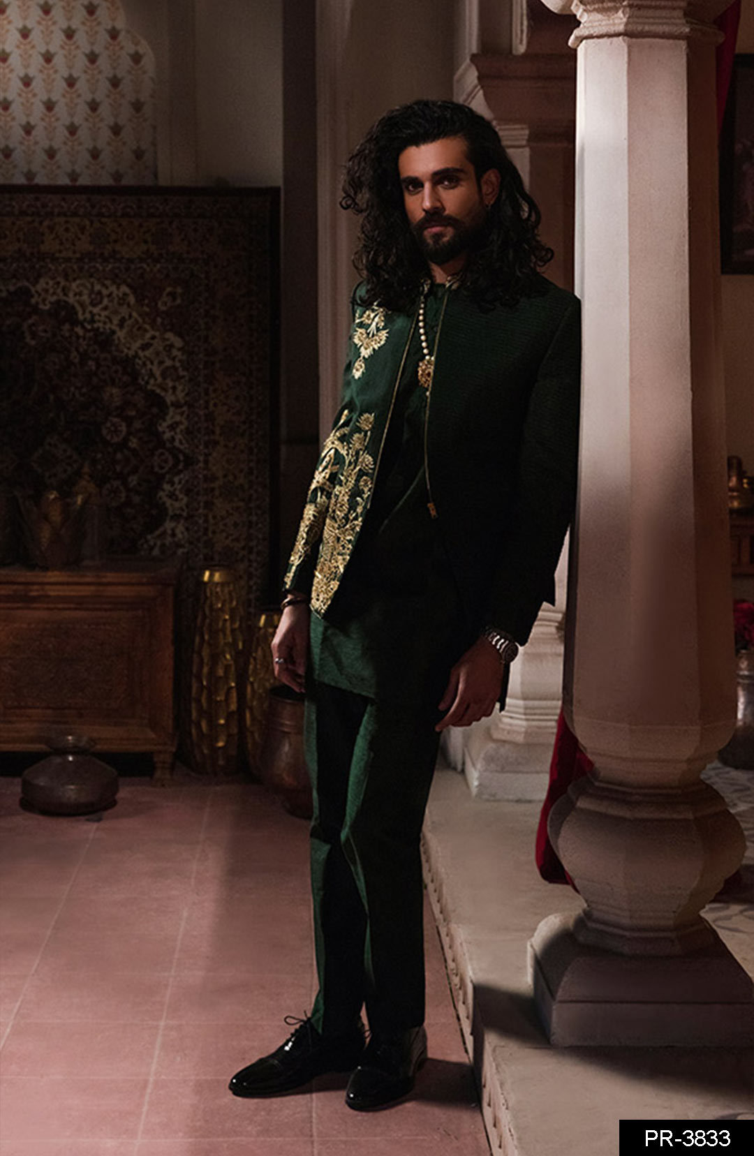 Emerald Green Gota Dabka Raw Silk Prince Coat (3-Piece) - Image 1
