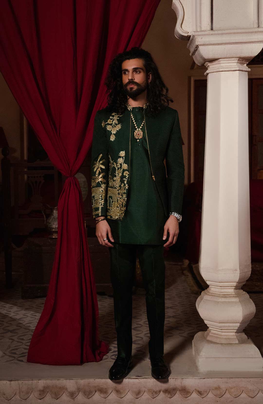 Emerald Green Gota Dabka Raw Silk Prince Coat (3-Piece) - Image 2