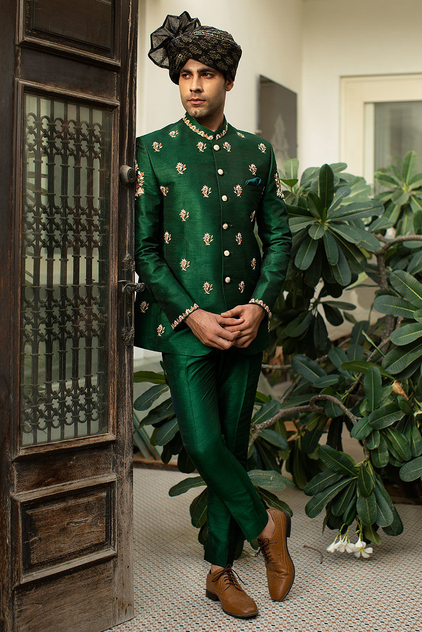 Emerald Green Hand Embroidered Raw Silk Prince Coat (2-Piece) - Image 1