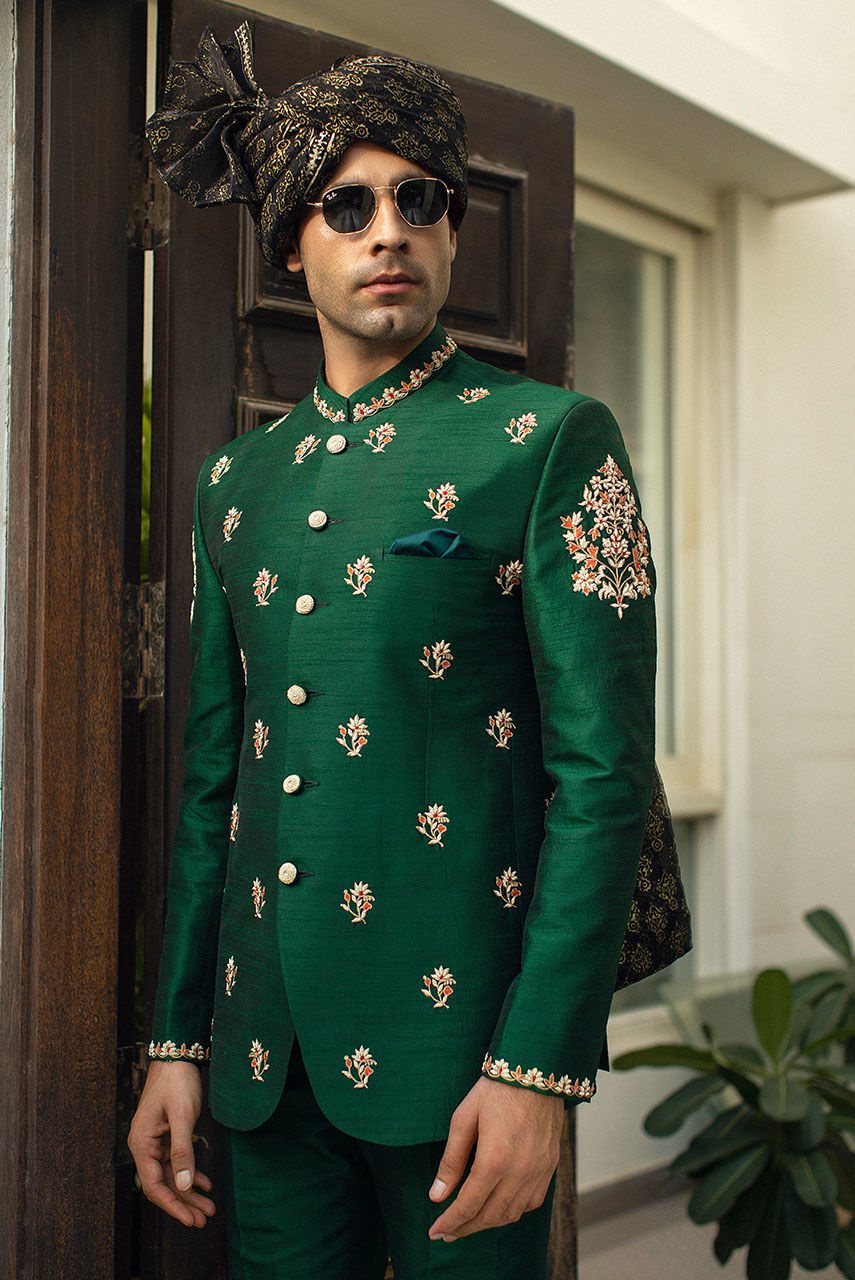 Emerald Green Hand Embroidered Raw Silk Prince Coat (2-Piece) - Image 2