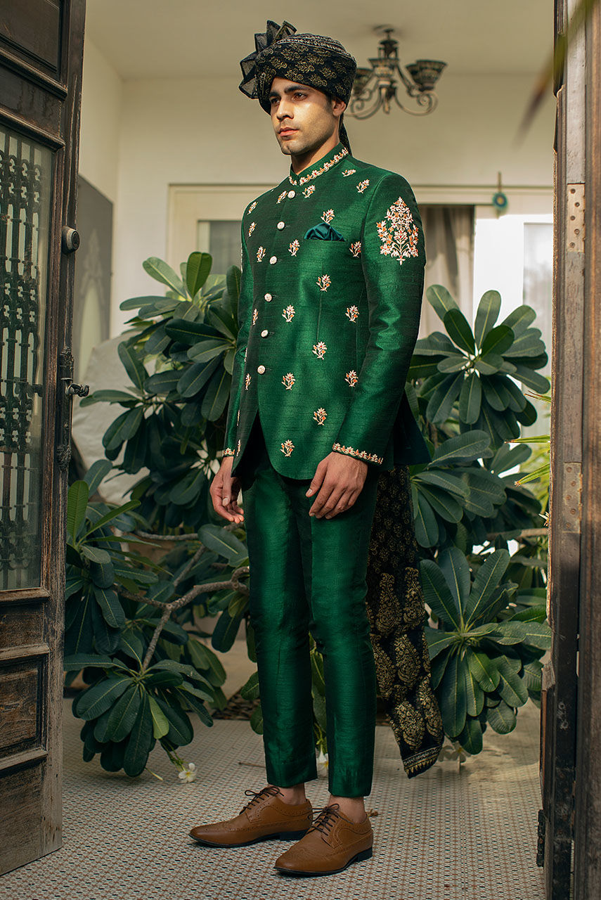 Emerald Green Hand Embroidered Raw Silk Prince Coat (2-Piece) - Image 3