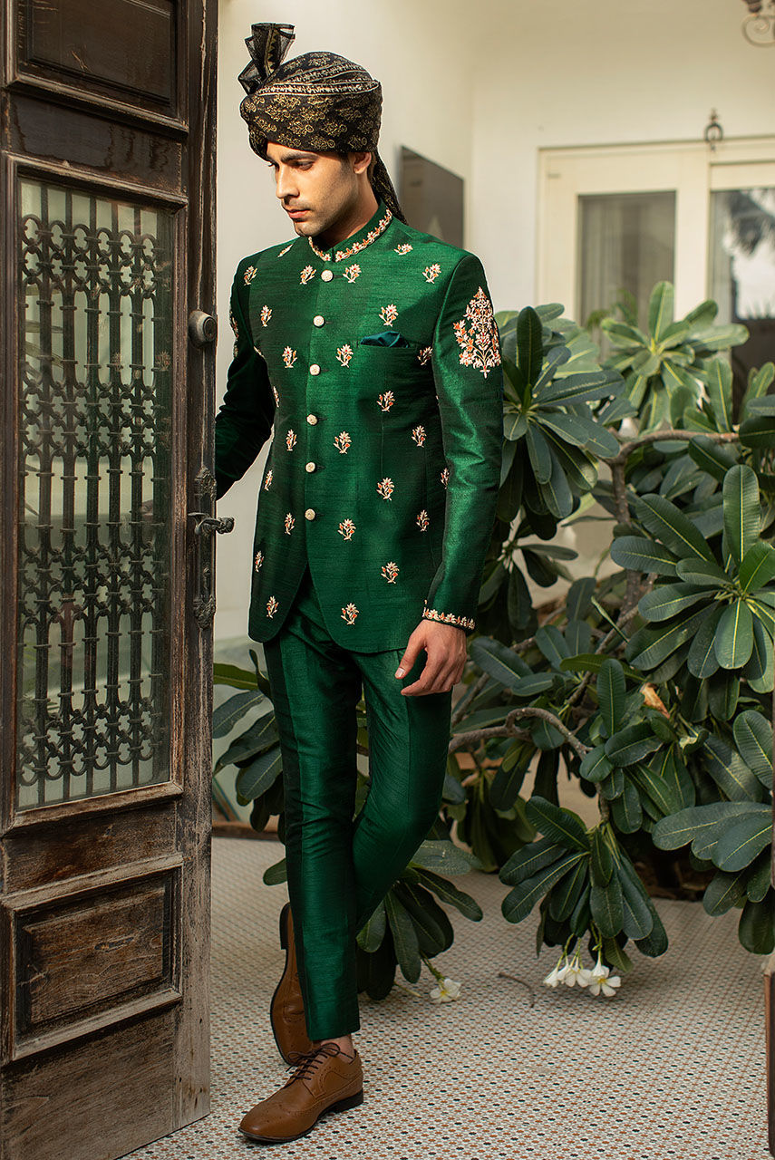 Emerald Green Hand Embroidered Raw Silk Prince Coat (2-Piece) - Image 4