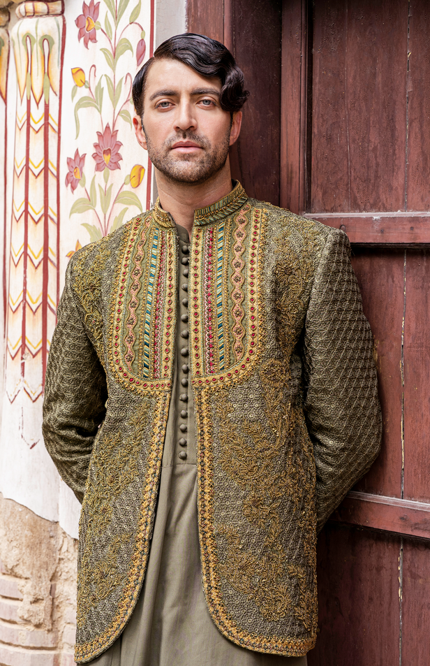 Olive Green Hand-Embroidered Raw Silk Prince Coat (3-Piece) - Image 1