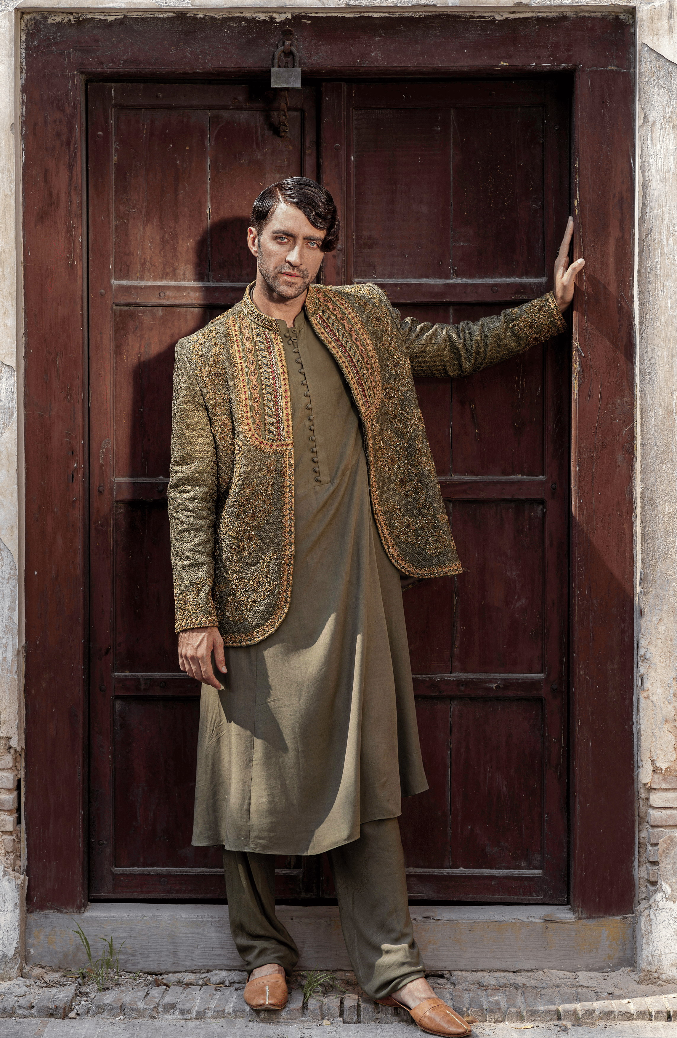 Olive Green Hand-Embroidered Raw Silk Prince Coat (3-Piece) - Image 2