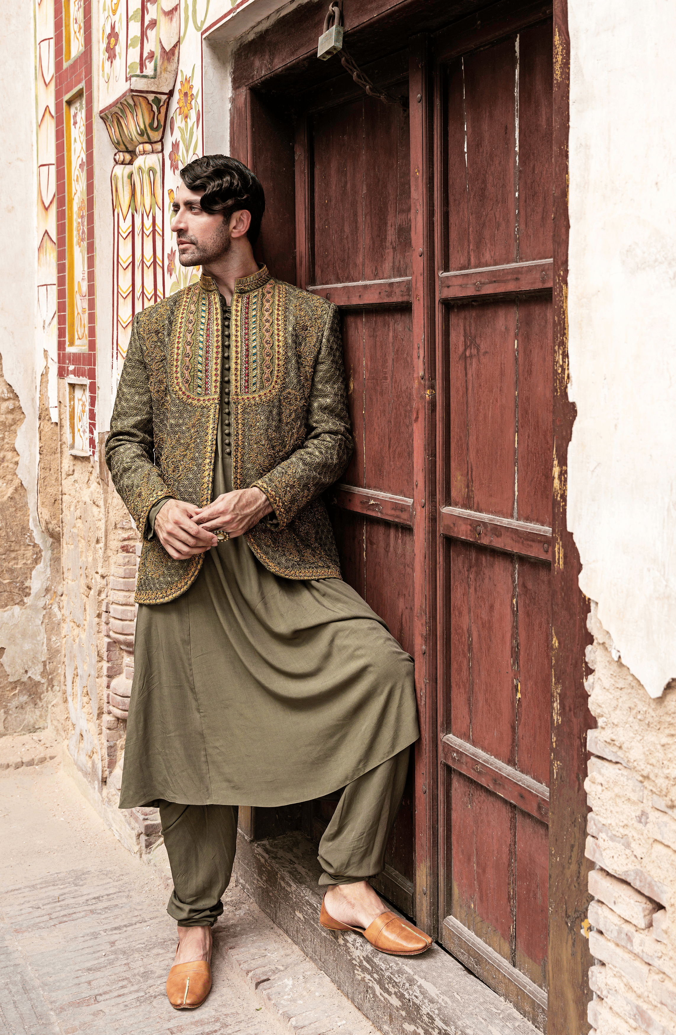 Olive Green Hand-Embroidered Raw Silk Prince Coat (3-Piece) - Image 3