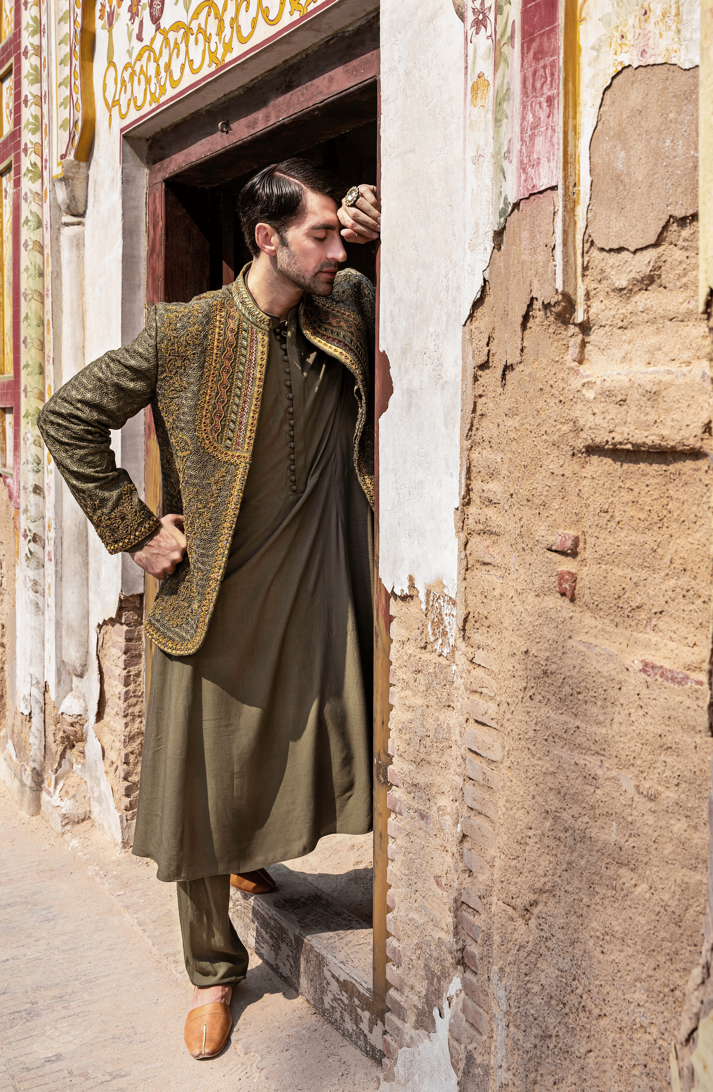 Olive Green Hand-Embroidered Raw Silk Prince Coat (3-Piece) - Image 6