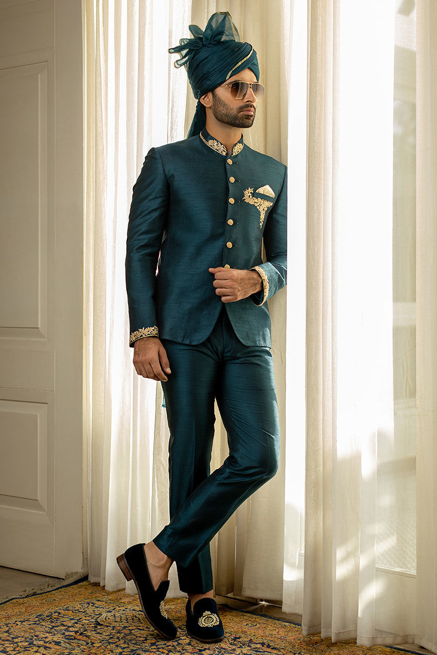 Teal Resham Embroidered Raw Silk Prince Coat (2-Piece) - Image 1