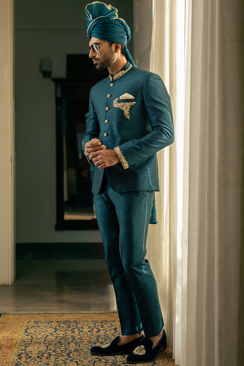 Teal Resham Embroidered Raw Silk Prince Coat (2-Piece) - Image 3