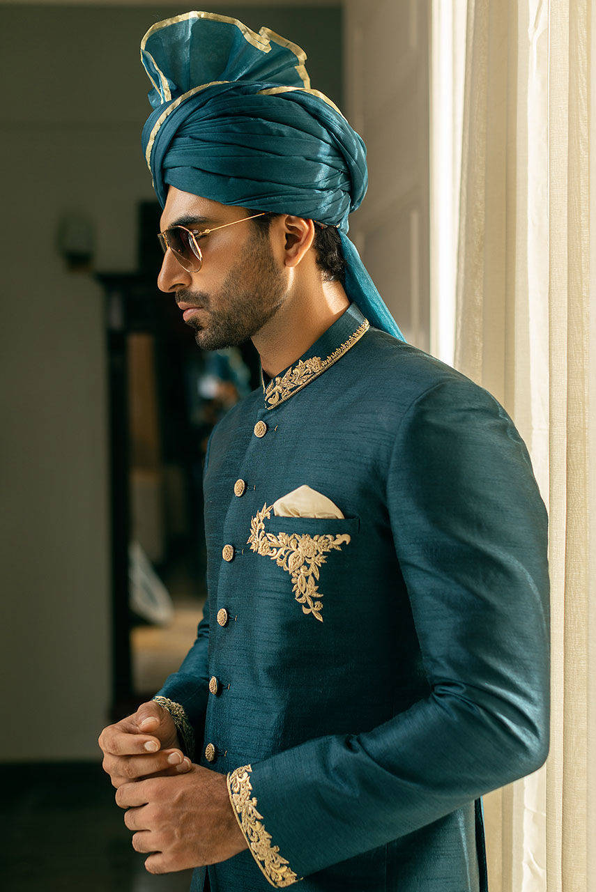 Teal Resham Embroidered Raw Silk Prince Coat (2-Piece) - Image 4