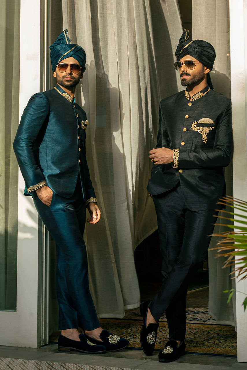 Teal Resham Embroidered Raw Silk Prince Coat (2-Piece) - Image 5