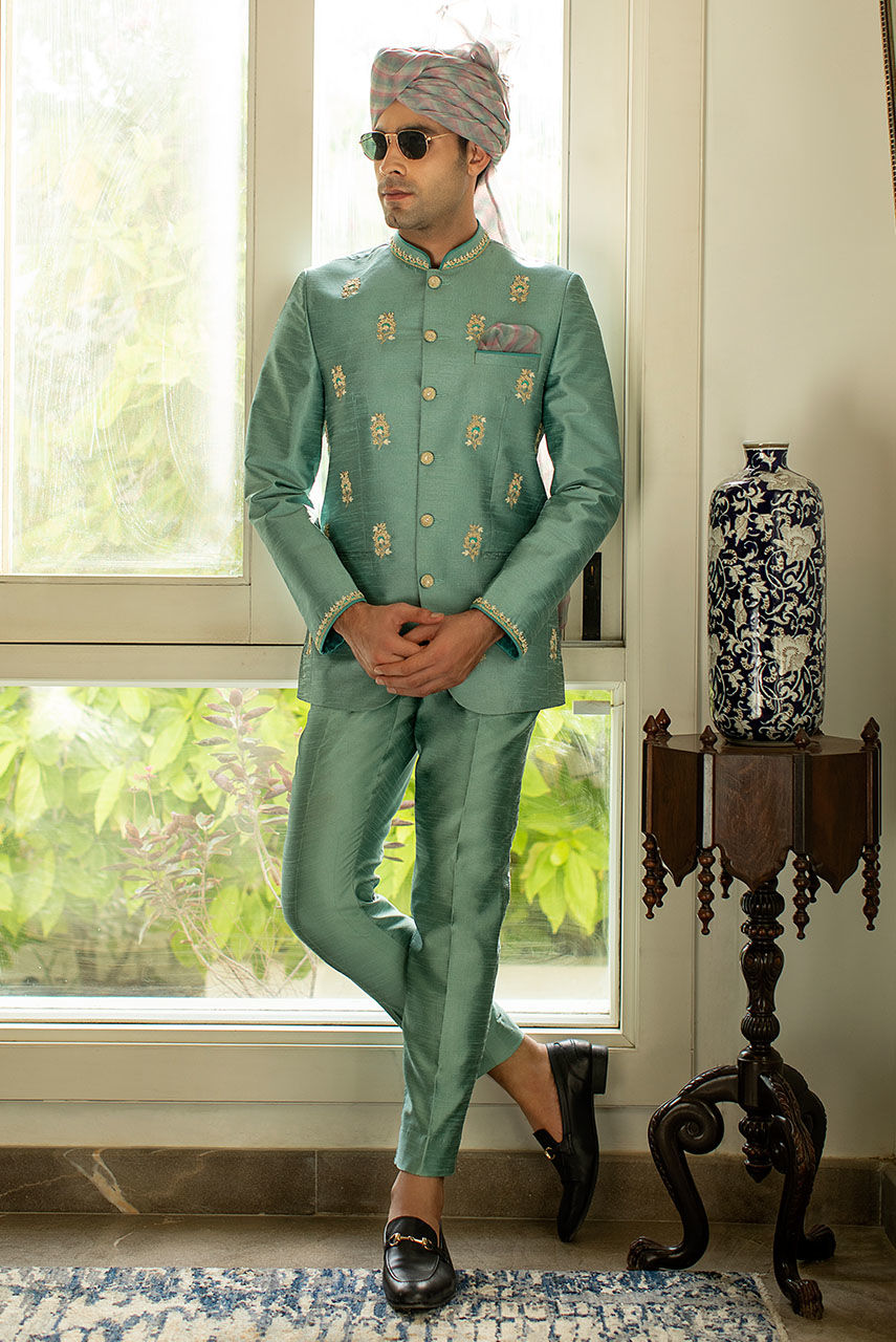 Emerald Green Hand Embroidered Raw Silk Prince Coat (2-Piece) - Image 1