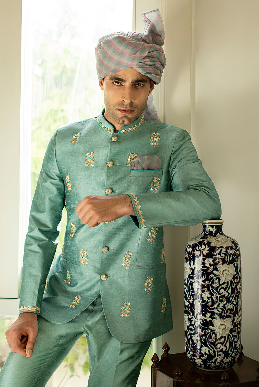 Emerald Green Hand Embroidered Raw Silk Prince Coat (2-Piece) - Image 2