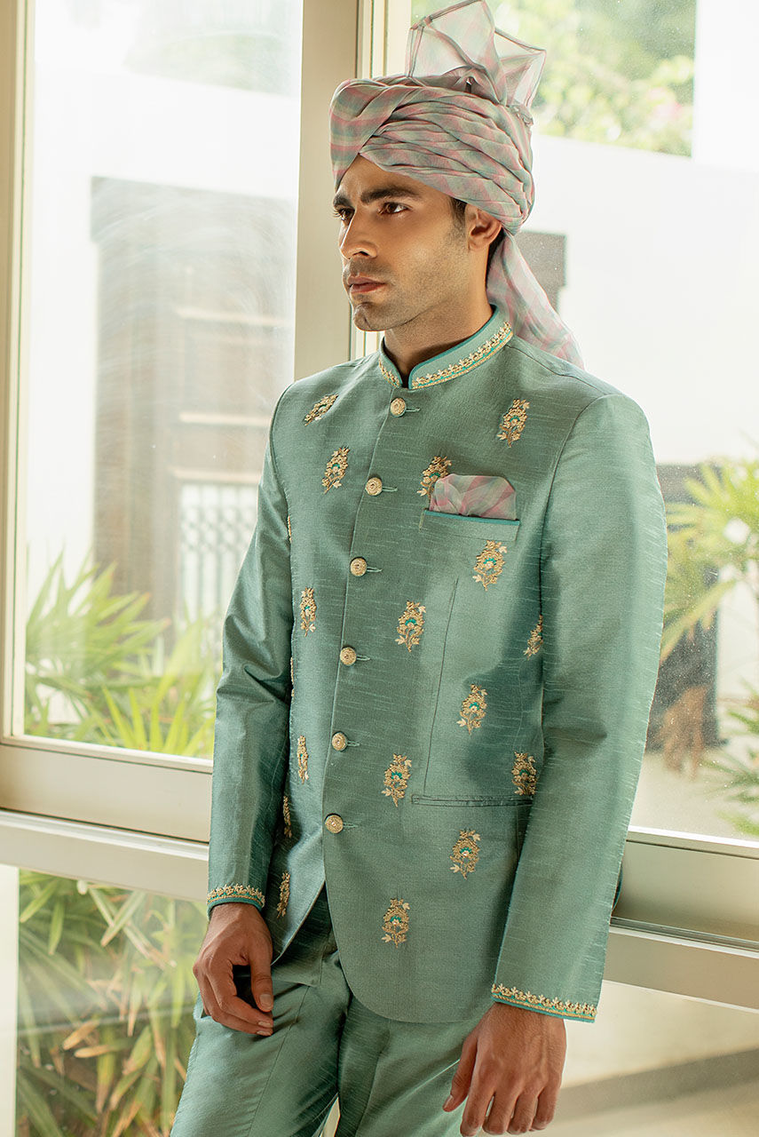 Emerald Green Hand Embroidered Raw Silk Prince Coat (2-Piece) - Image 3
