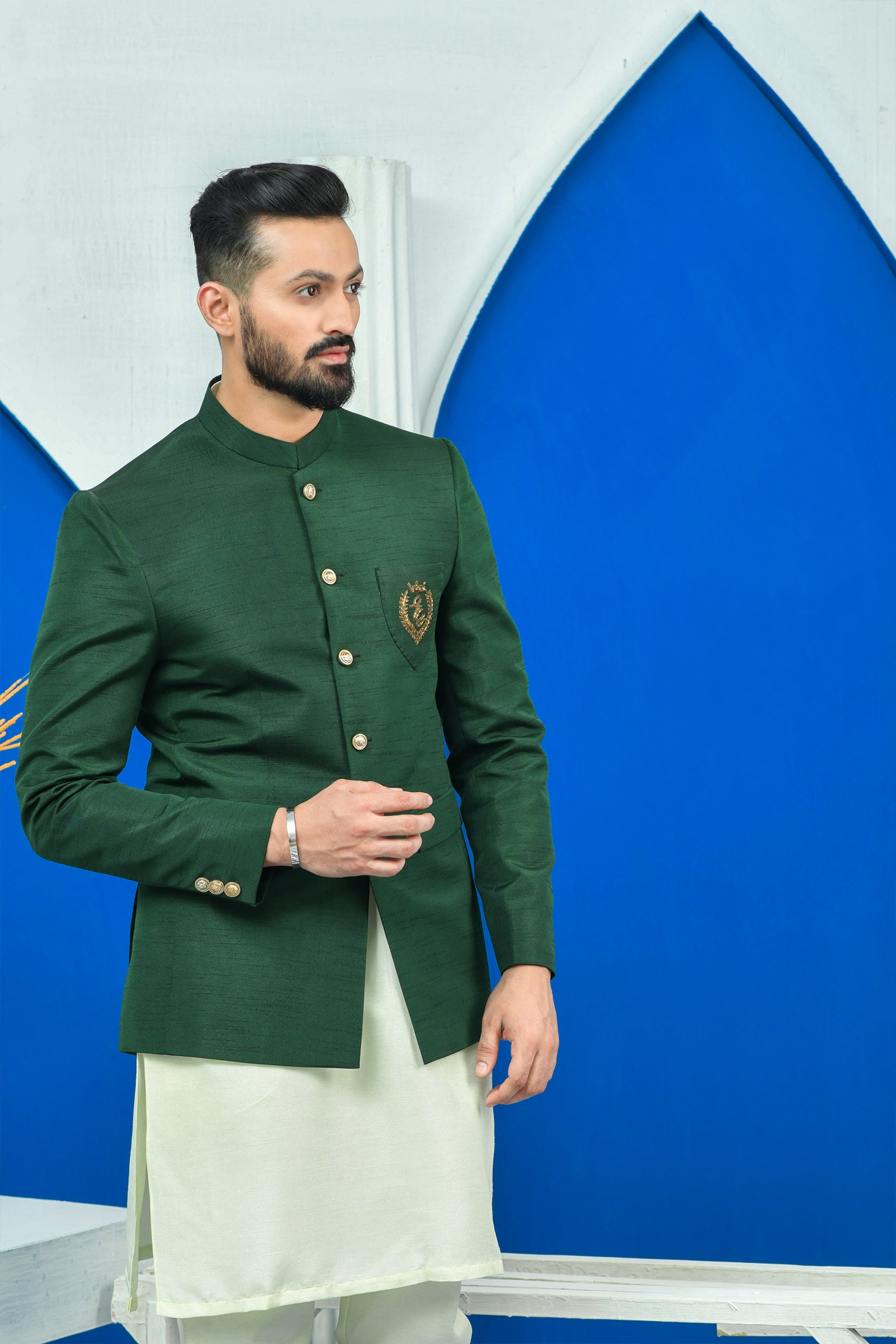 Green Hand-Embroidered Raw Silk Prince Coat (1-Pc) - Image 1