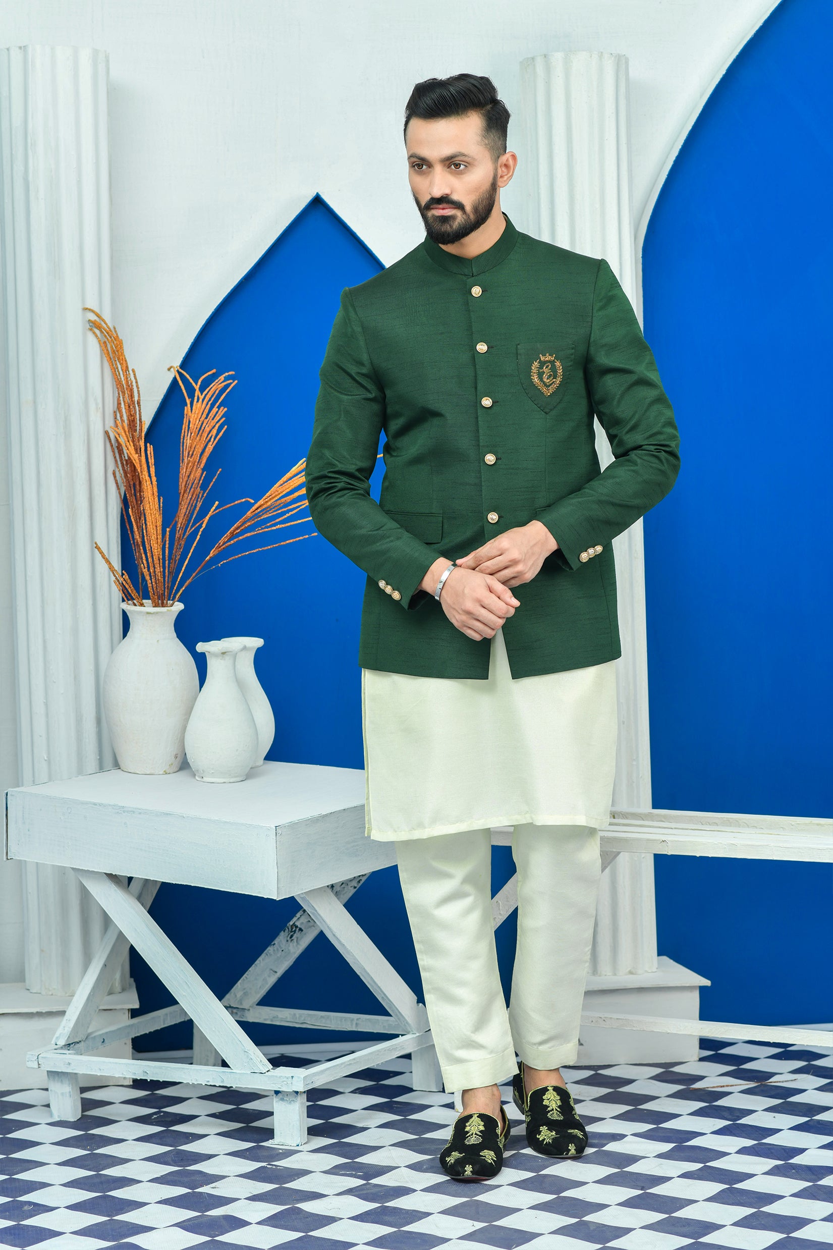 Green Hand-Embroidered Raw Silk Prince Coat (1-Pc) - Image 2