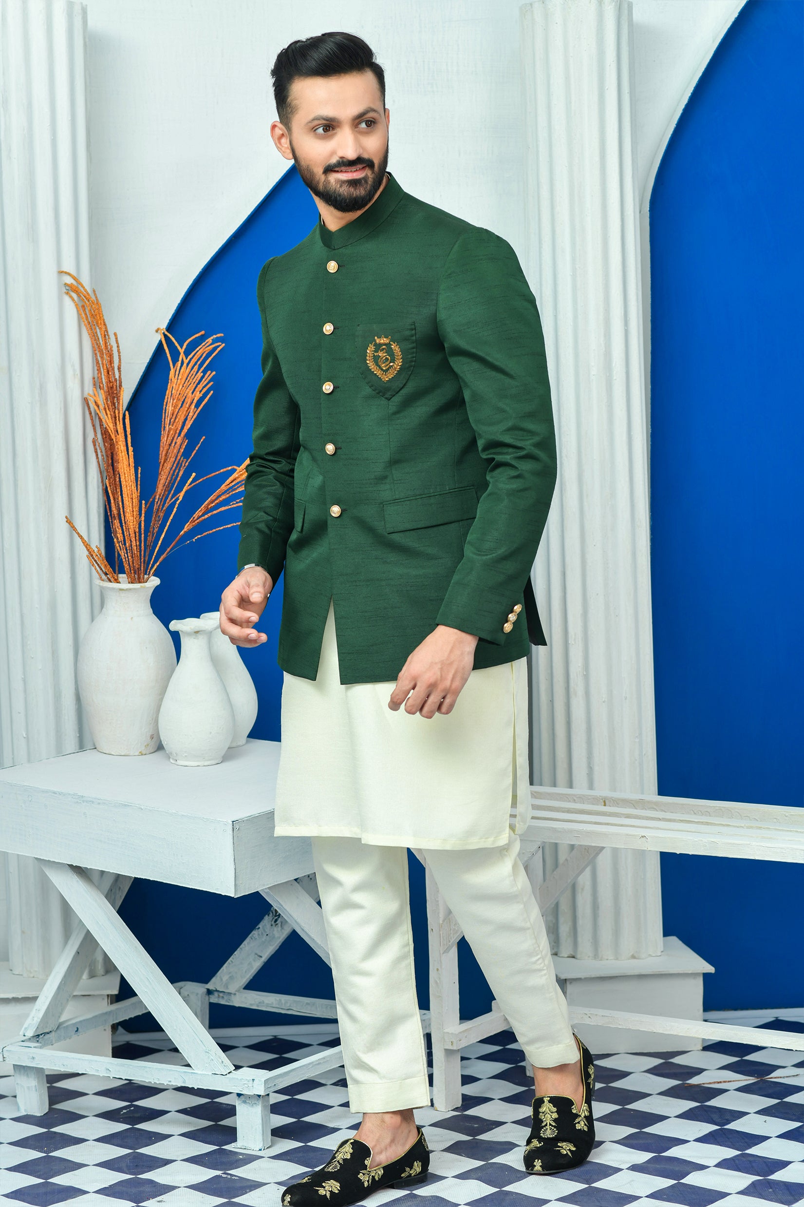 Green Hand-Embroidered Raw Silk Prince Coat (1-Pc) - Image 3