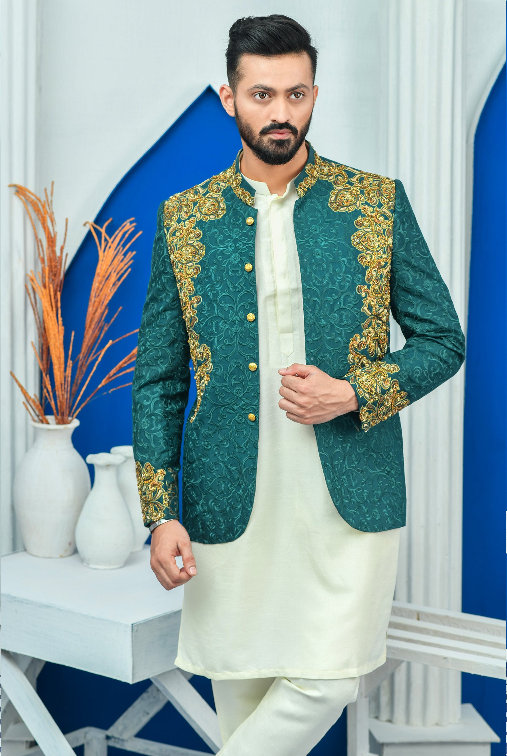 Royal Green Embroidered Raw Silk Prince Coat (1-Pc) - Image 2