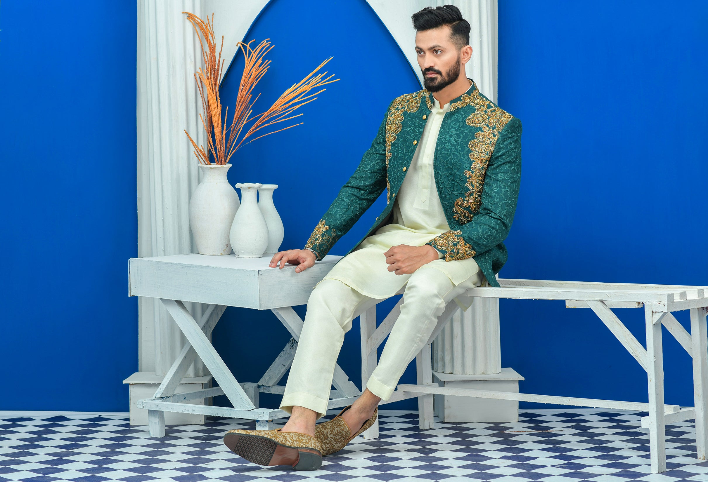 Royal Green Embroidered Raw Silk Prince Coat (1-Pc) - Image 4