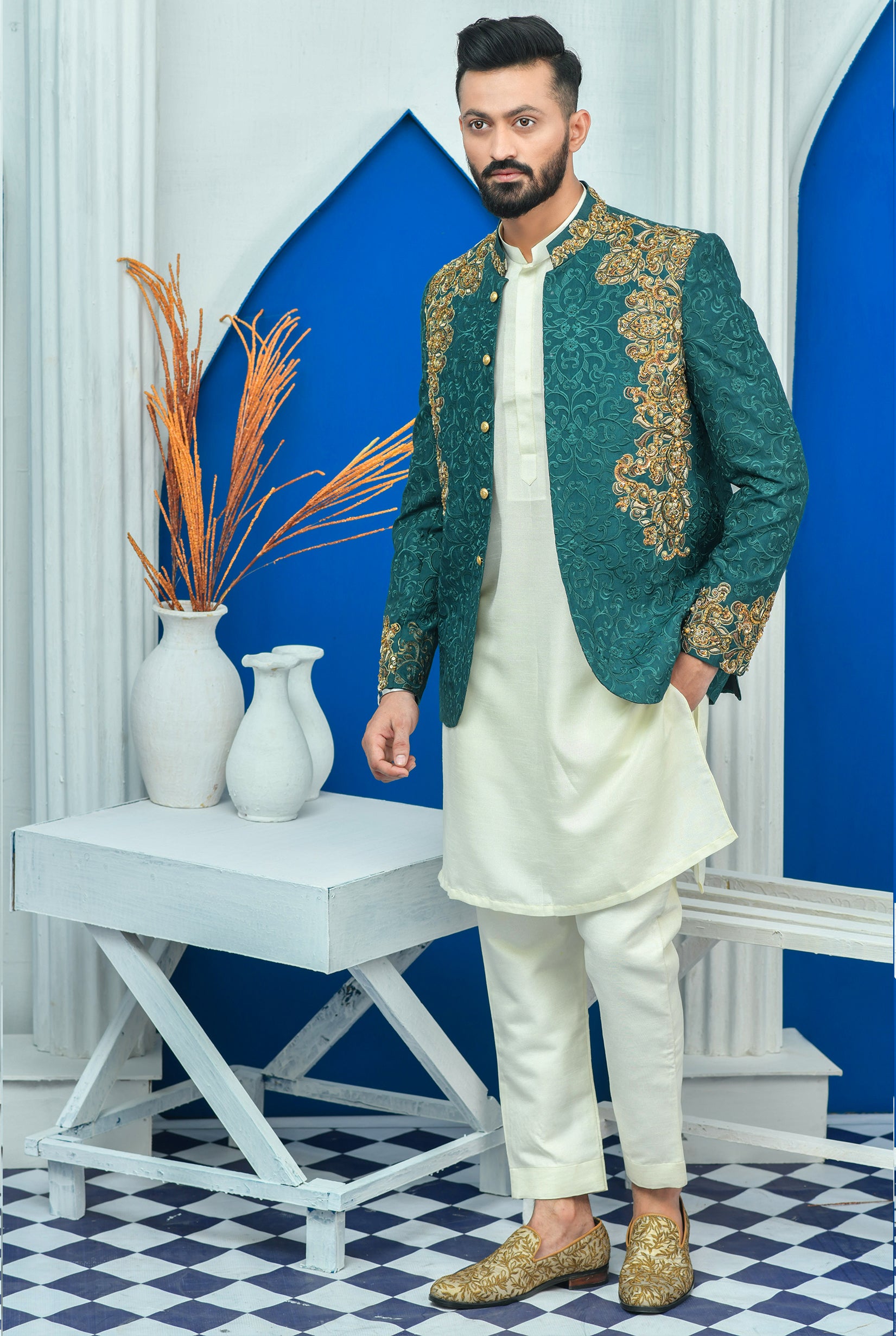 Royal Green Kora Dabka Raw Silk Prince Coat (1-Pc) - Image 1