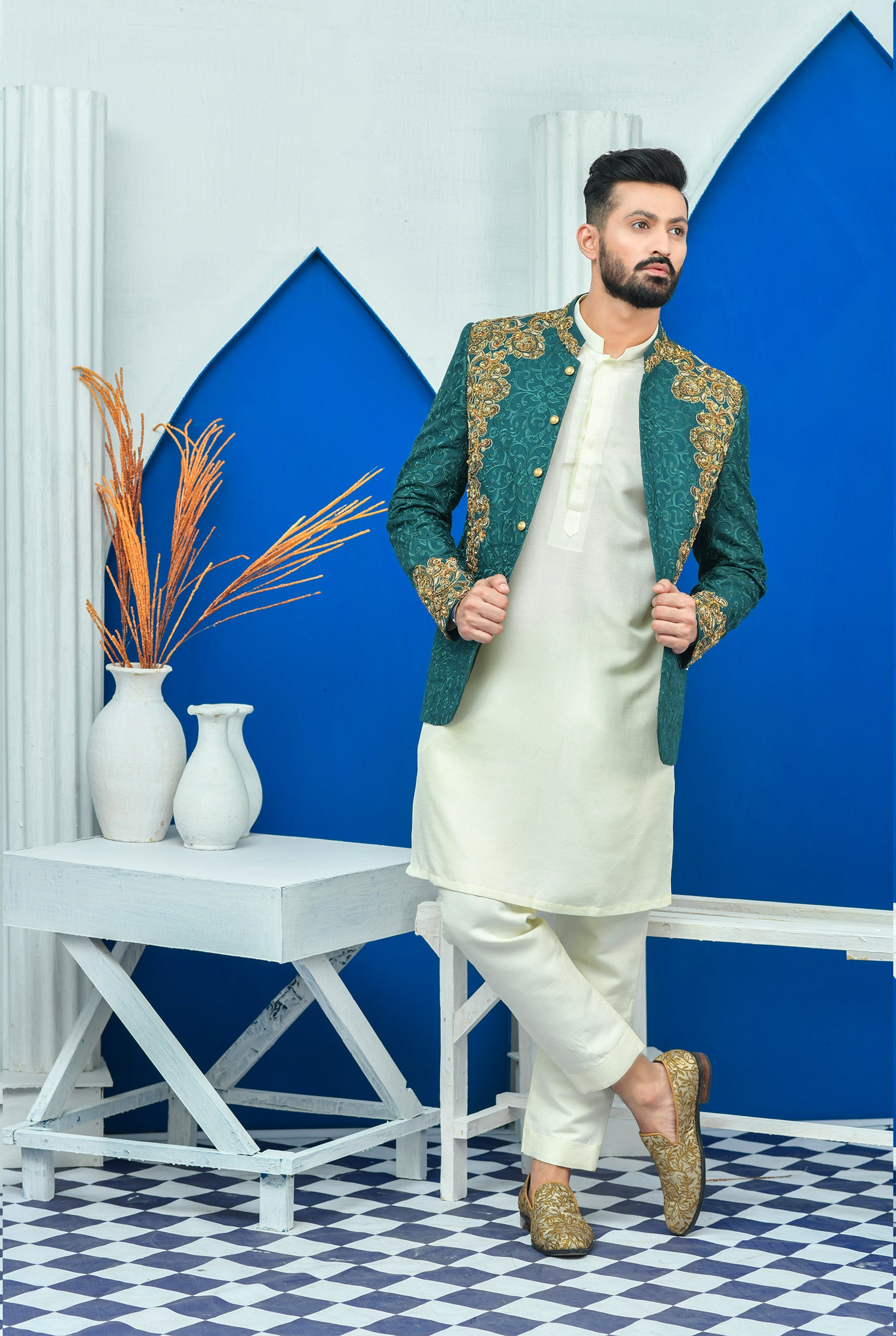 Royal Green Kora Dabka Raw Silk Prince Coat (1-Pc) - Image 3