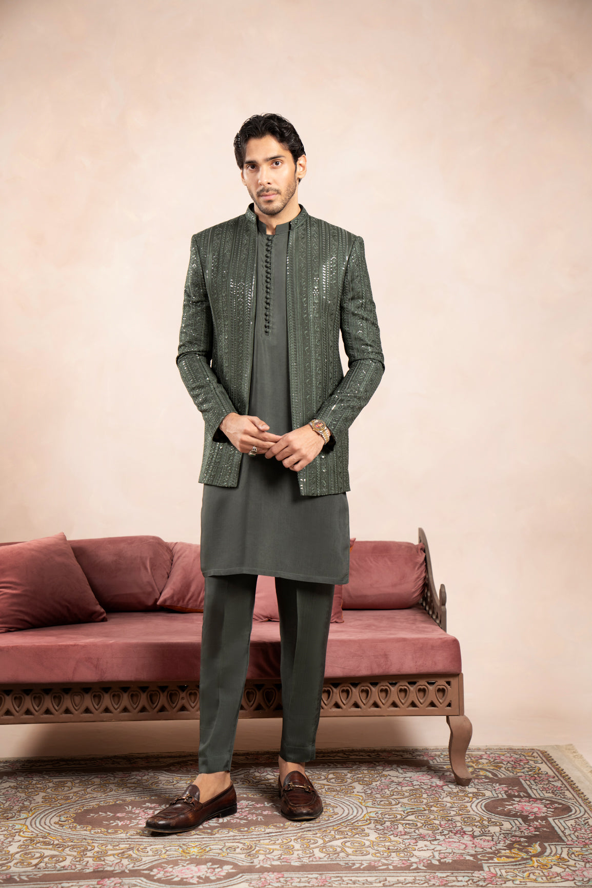 Olive Green Embroidered Raw Silk Prince Coat (3-Piece) - Image 1