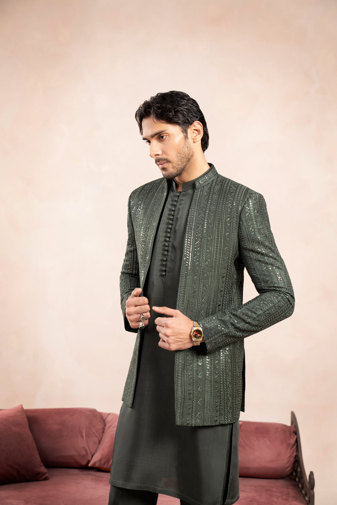Olive Green Embroidered Raw Silk Prince Coat (3-Piece) - Image 5