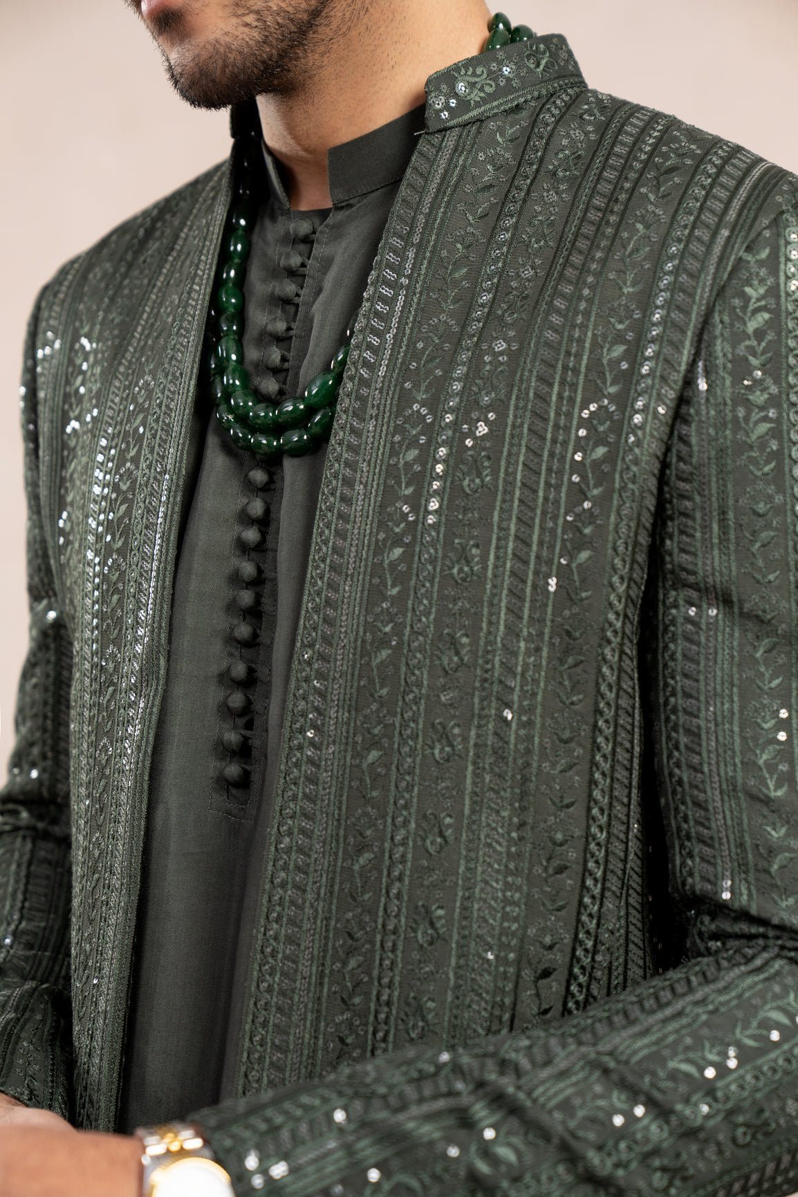 Olive Green Embroidered Raw Silk Prince Coat (3-Piece) - Image 7