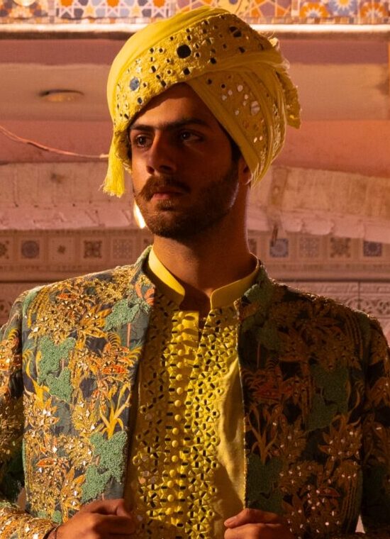 Green Mirror Embroidered Raw Silk Prince Coat (3-Piece) - Image 1