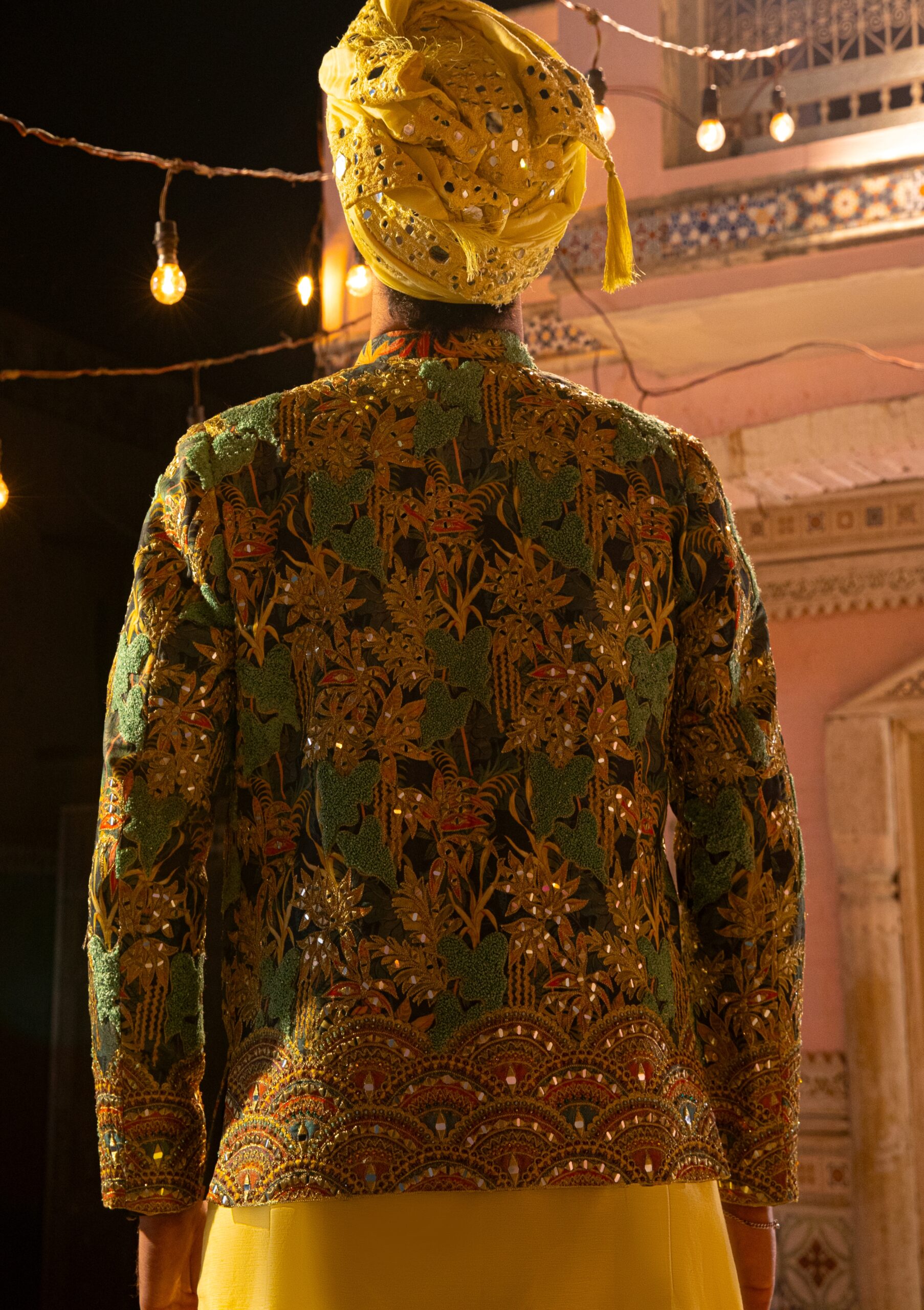 Green Mirror Embroidered Raw Silk Prince Coat (3-Piece) - Image 2
