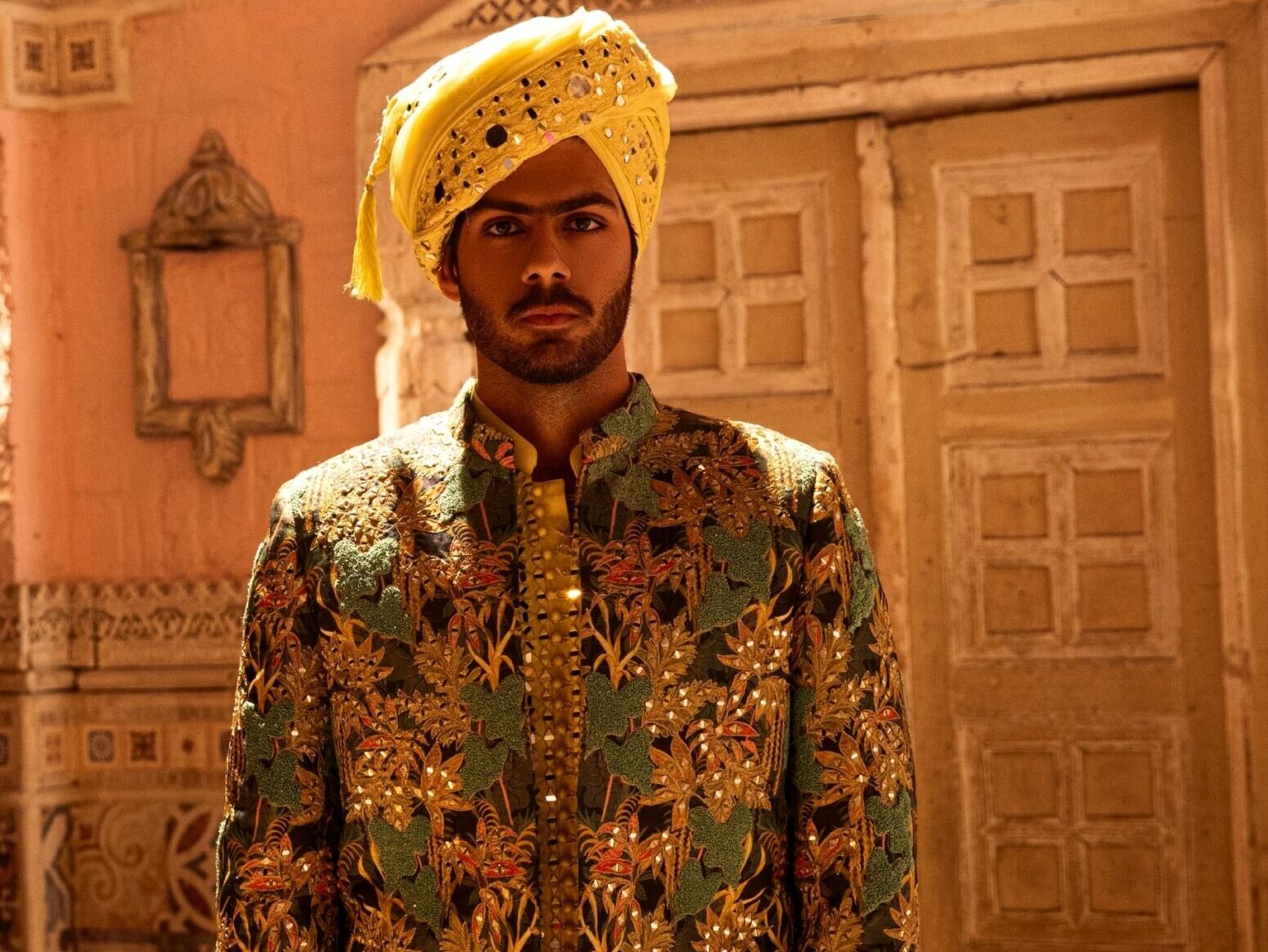 Green Mirror Embroidered Raw Silk Prince Coat (3-Piece) - Image 3