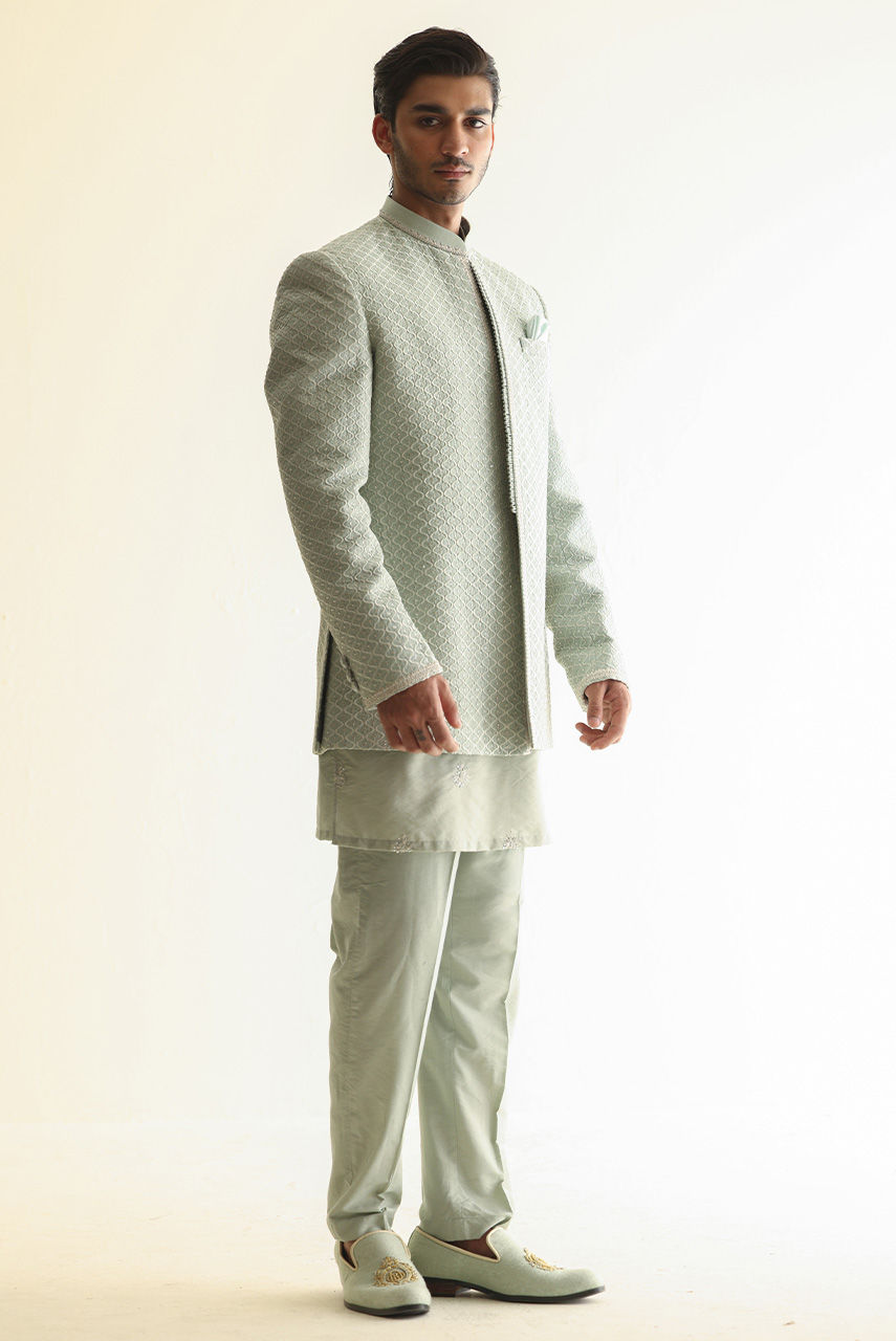 Sage Green Embroidered Raw Silk Prince Coat (3-Piece) - Image 3