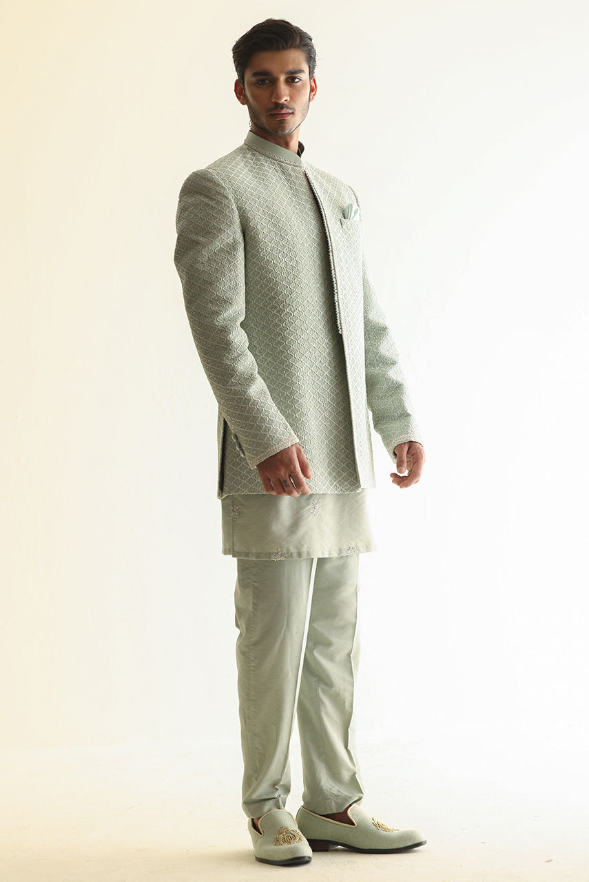 Sage Green Embroidered Raw Silk Prince Coat (3-Piece) - Image 4