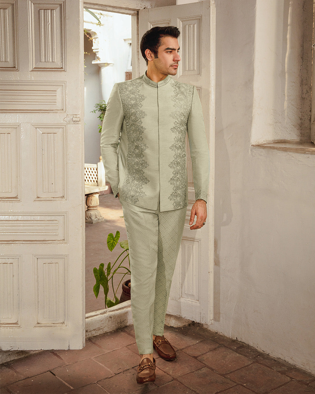 Light Pistachio Embroidered Korean Raw Silk Prince Coat (2-Piece) - Image 1