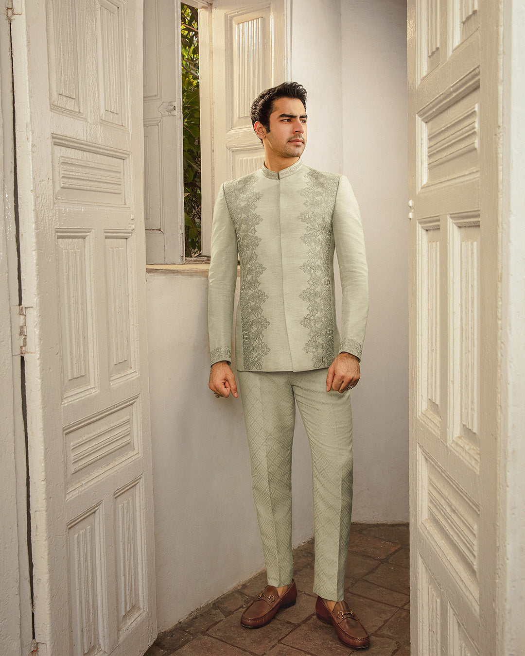Light Pistachio Embroidered Korean Raw Silk Prince Coat (2-Piece) - Image 4