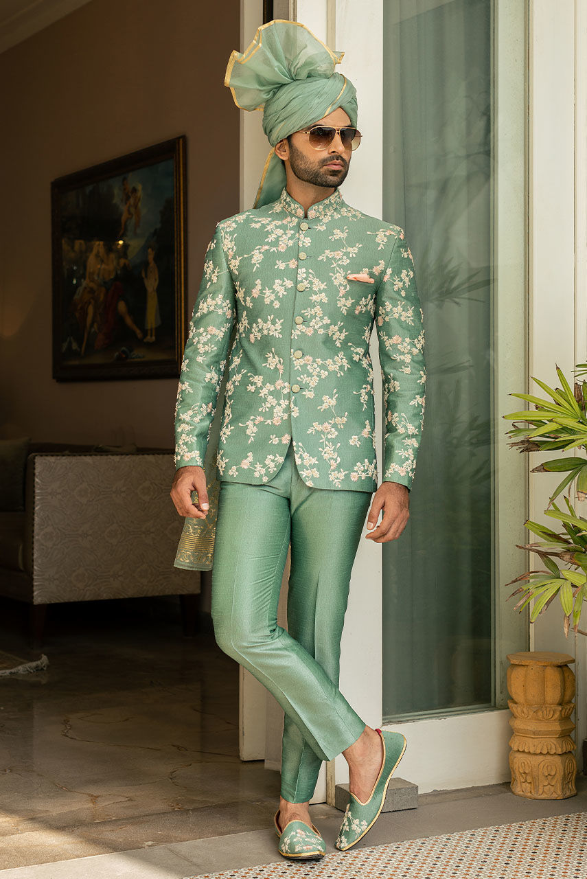 Light Green Resham Zari Raw Silk Prince Coat (2-Piece) - Image 1