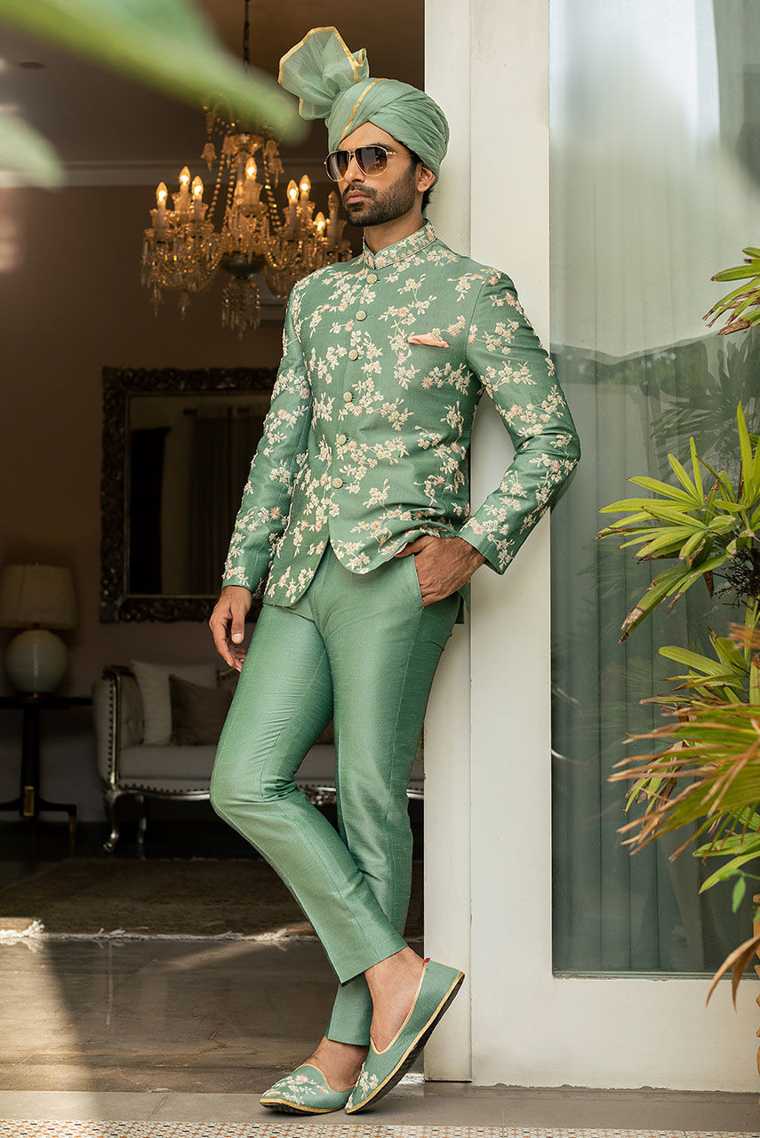 Light Green Resham Zari Raw Silk Prince Coat (2-Piece) - Image 2